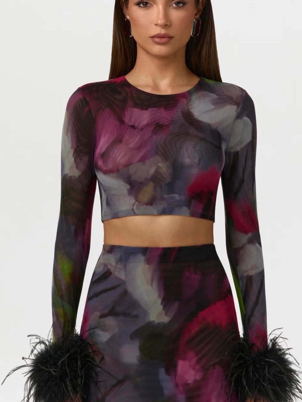 Women's Long-Sleeve Abstract Print Crop Top in Multicolor